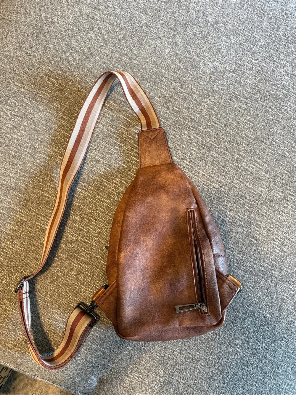 Men's Tan Leather Sling Bag with Striped Adjustable Strap